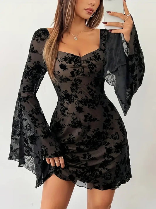 Lace Flare Sleeve Mini Dress